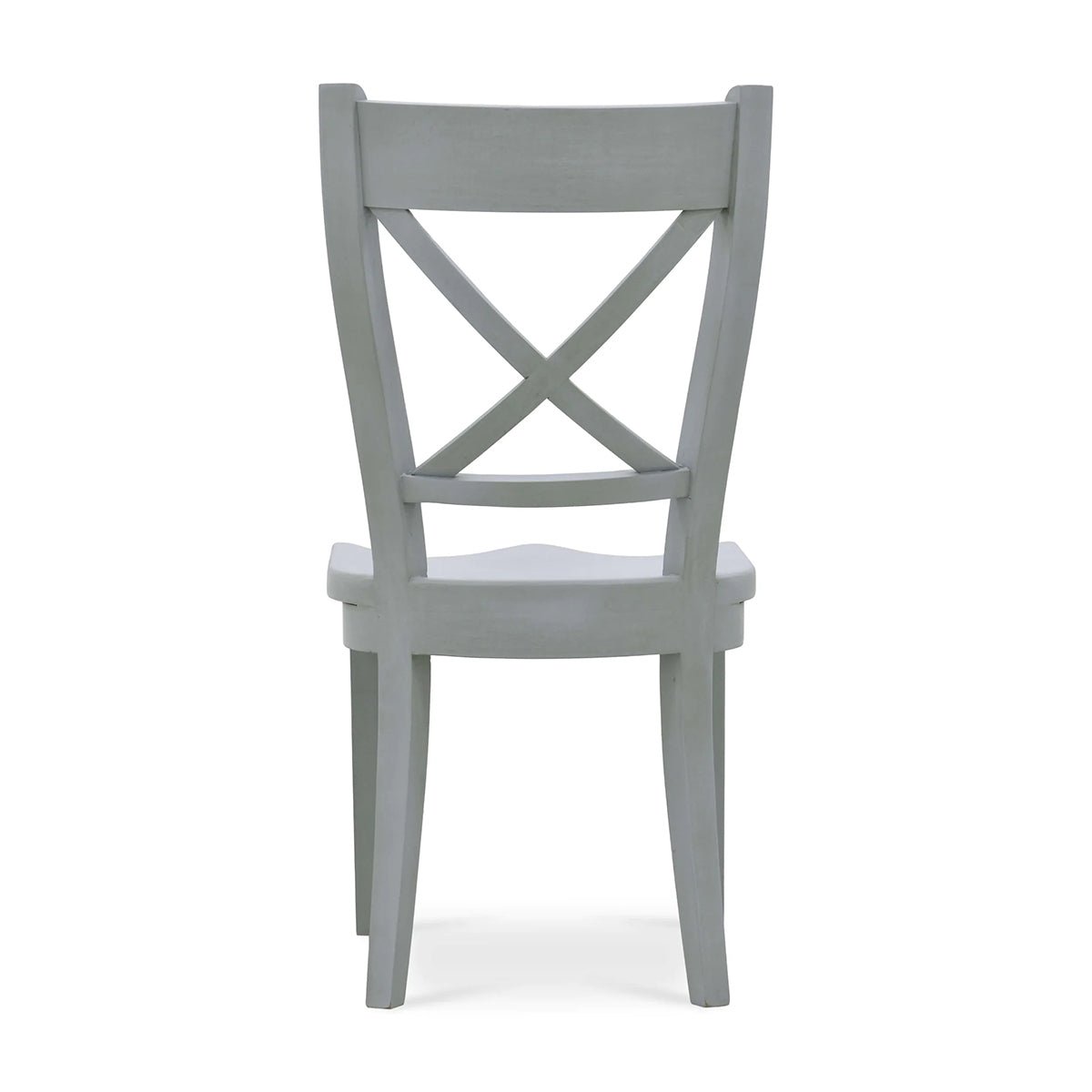 Wooden dining chair with X-back design, rear view.