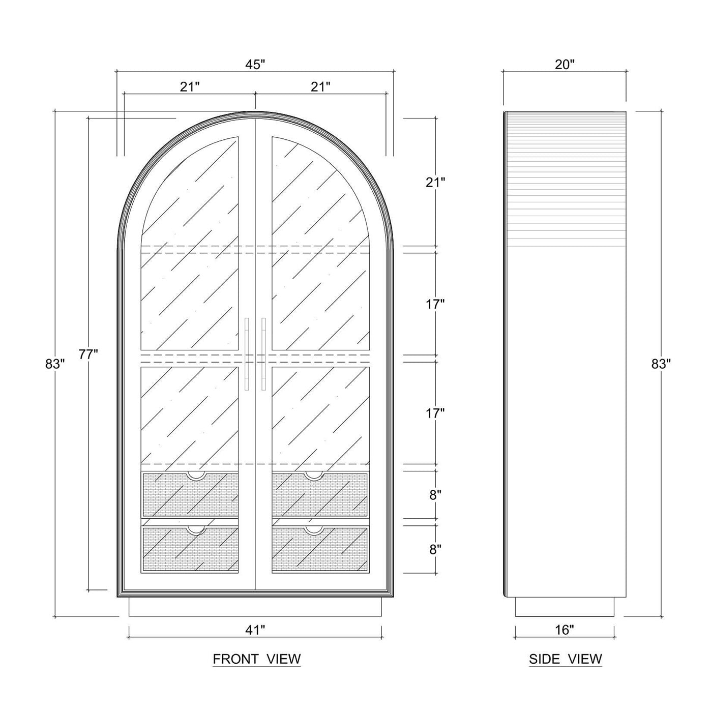 Dimensions diagram for French Provincial display cabinet, detailed view.