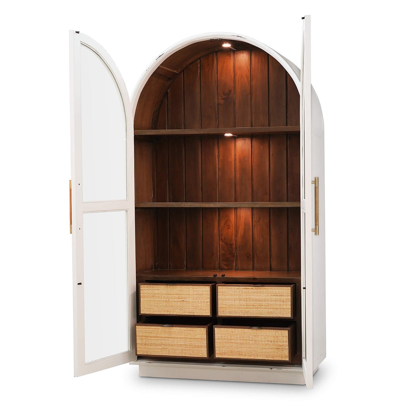Open French Provincial cabinet, shelves, and wicker drawers visible.