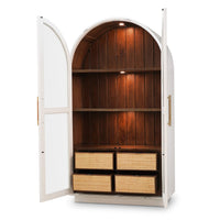 Open French Provincial cabinet, shelves, and wicker drawers visible.