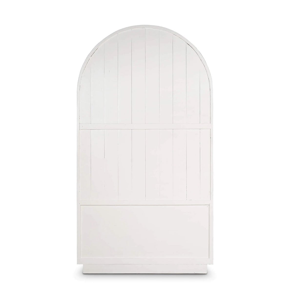 Back panel of arched white display cabinet.