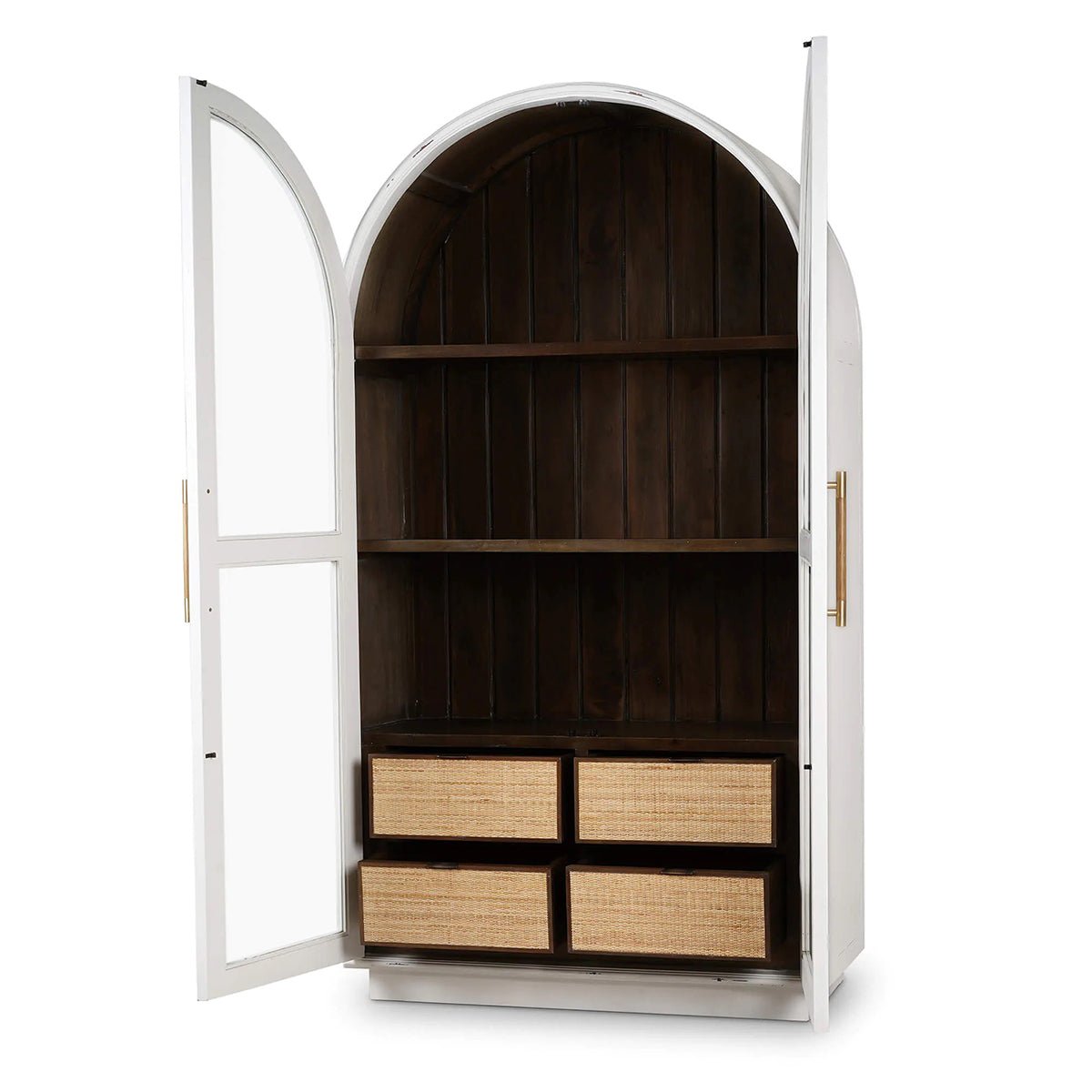 Open arched cabinet showing shelves and wicker drawers.