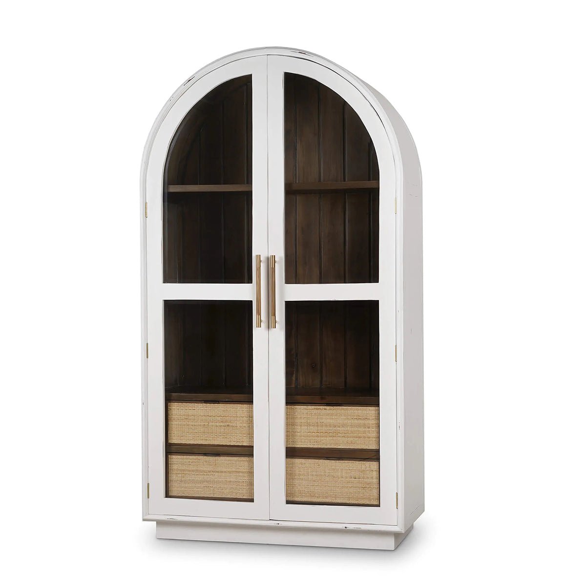 Arched display cabinet with glass doors and wicker drawers.