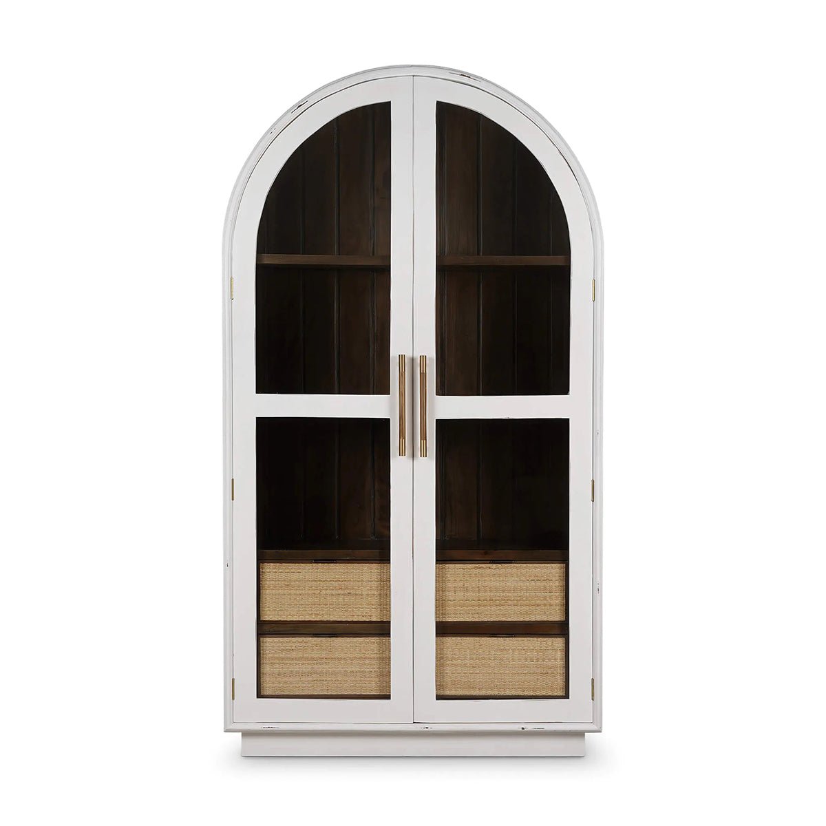 Closed arched cabinet front view with handles visible.