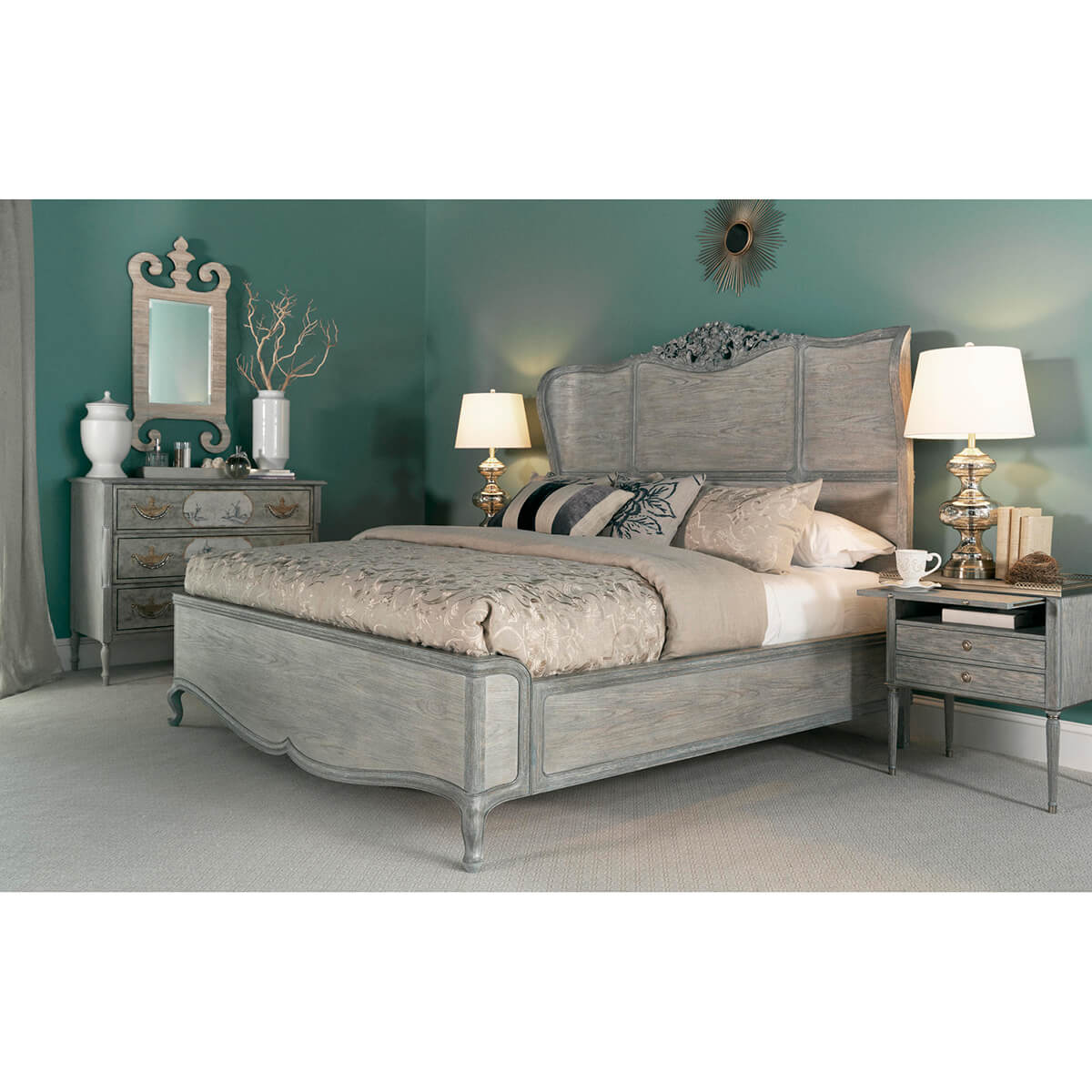 French Provincial King Bed in elegant bedroom setting.