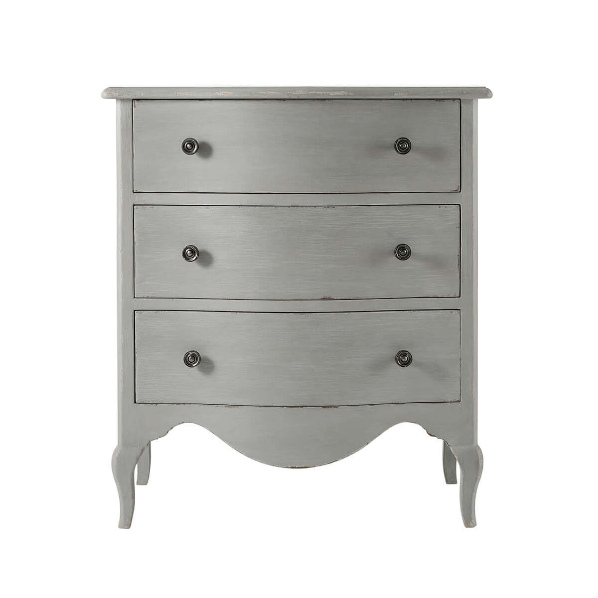 Gray nightstand with detailed drawer fronts, front view.