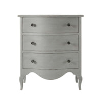Gray nightstand with detailed drawer fronts, front view.