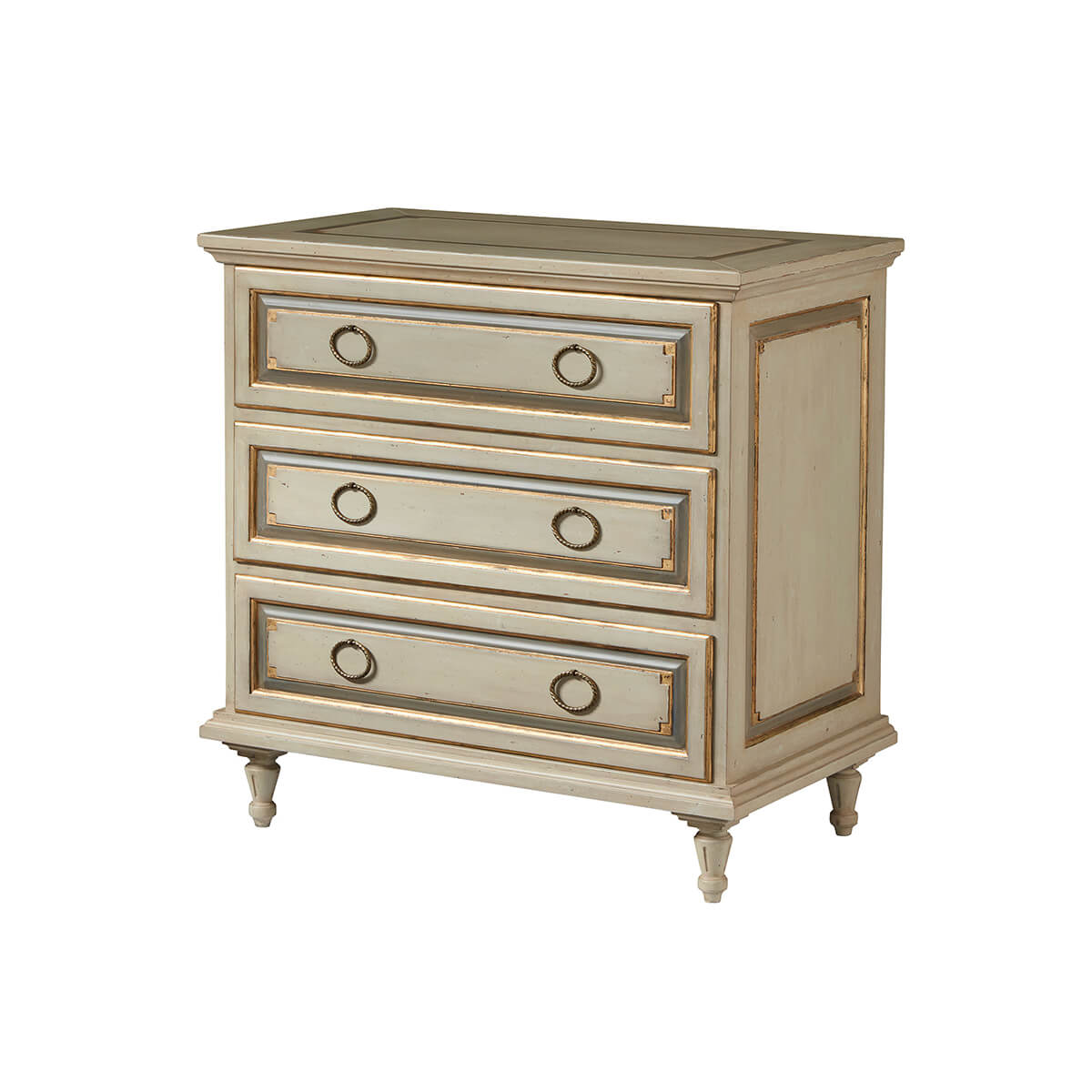 French Provincial nightstand with three drawers, side view.