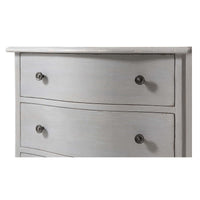 Close-up of drawer handles on gray nightstand.