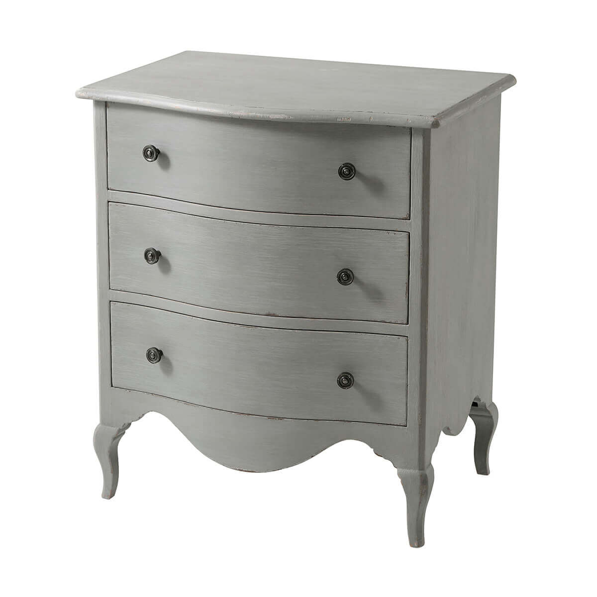 Gray nightstand with three drawers, front angled view.