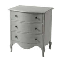 Gray nightstand with three drawers, front angled view.