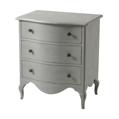 Gray nightstand with three drawers, front angled view.