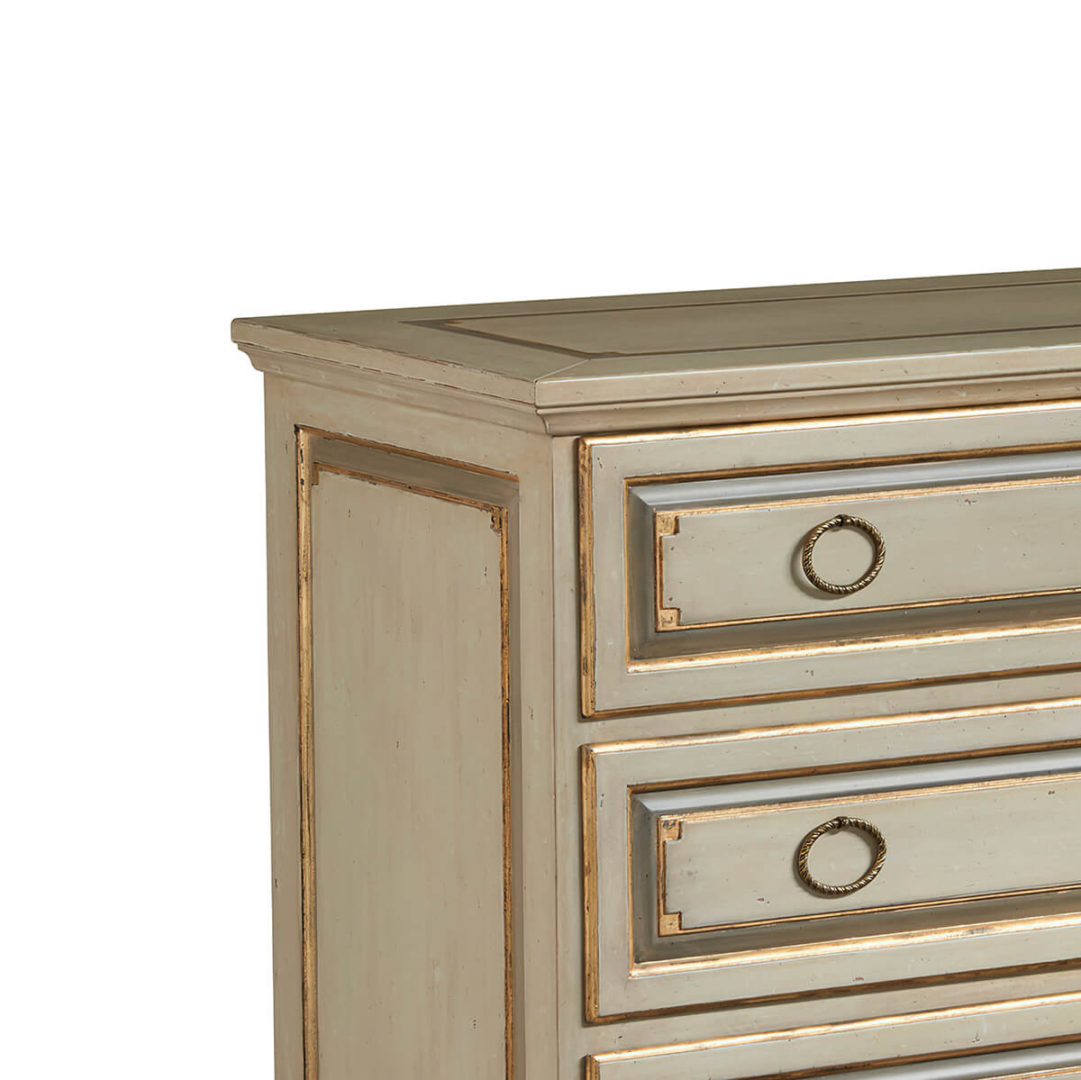Close-up of nightstand top drawers, French Provincial style.