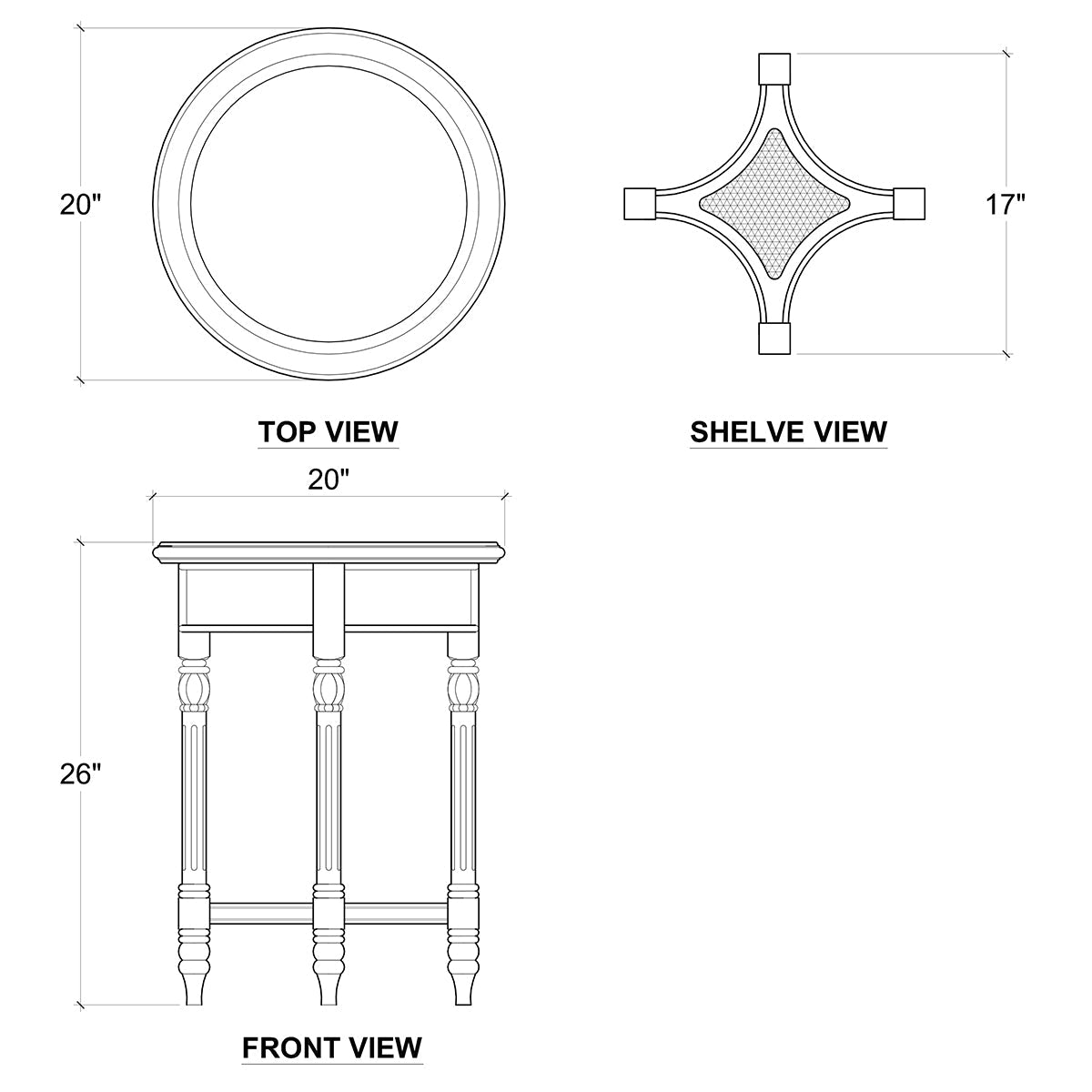Round end table dimensions and views diagram.