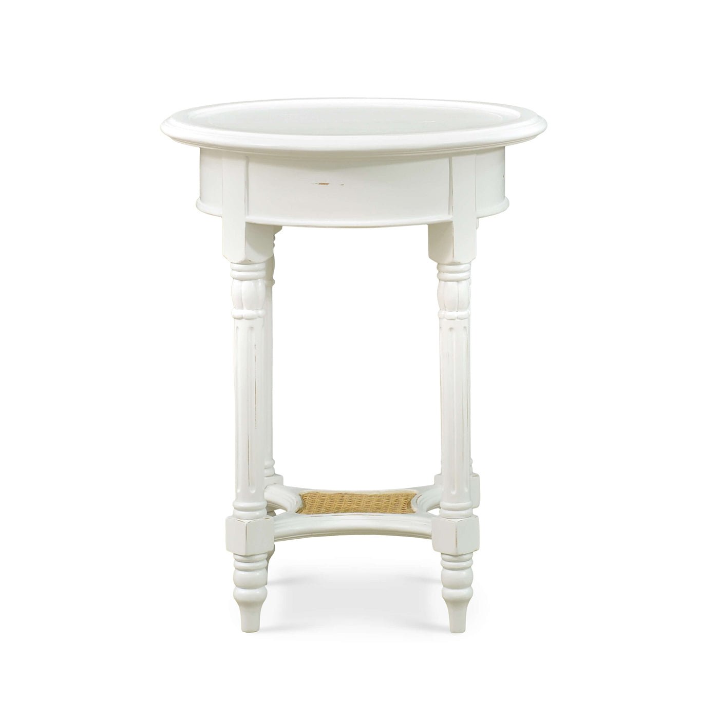 Front view of painted round end table.