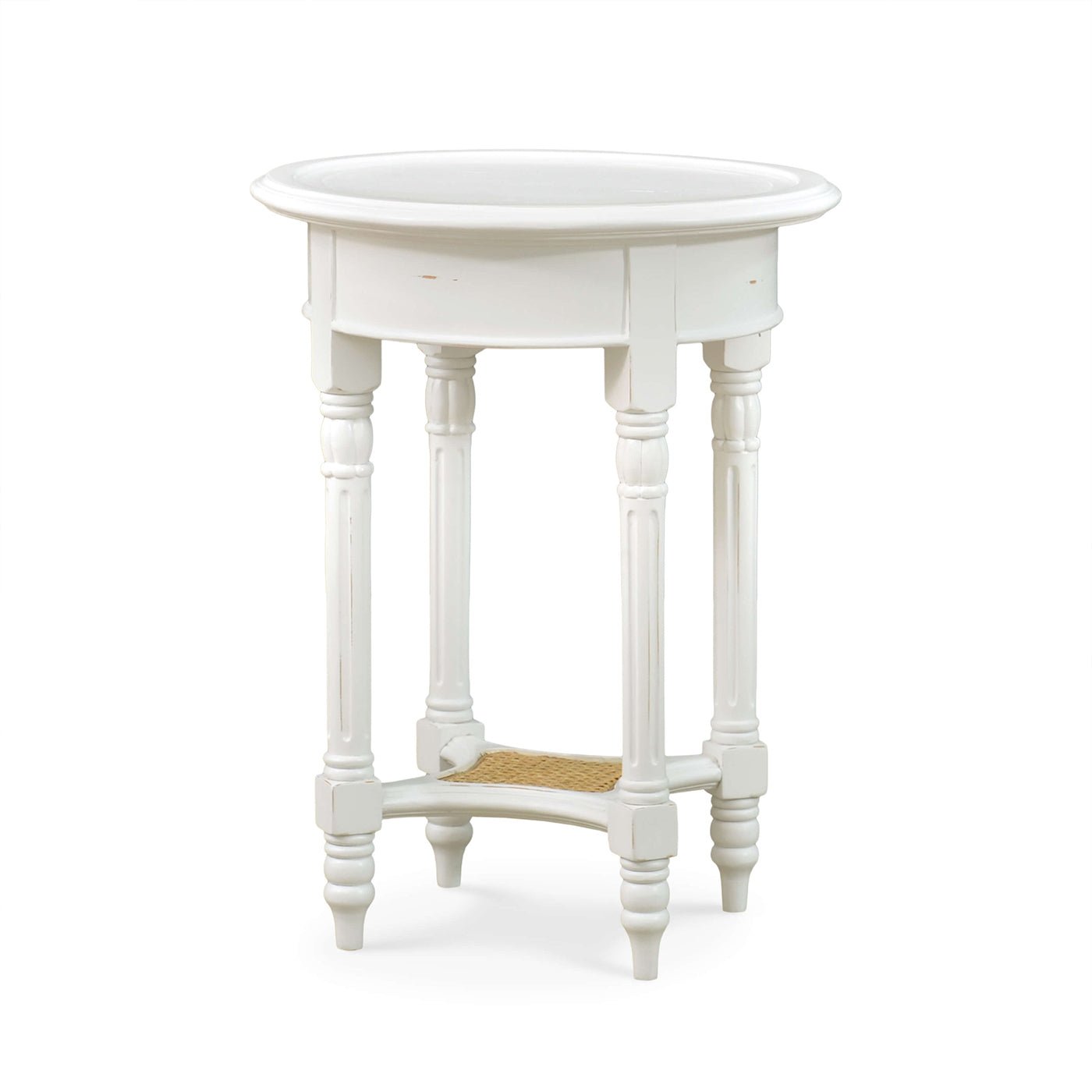 White painted round end table side view.