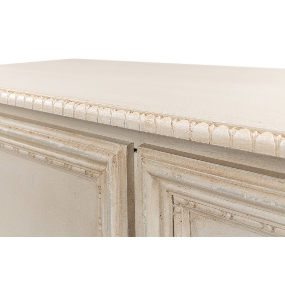 French Provincial side cabinet, close-up of door trim.