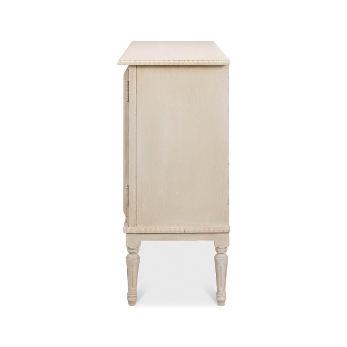French Provincial side cabinet, side profile view.