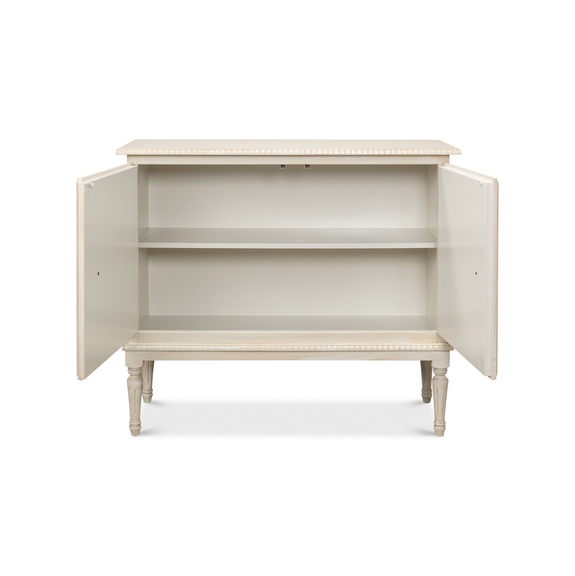 French Provincial side cabinet, front view, open doors.