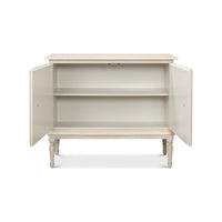 French Provincial side cabinet, front view, open doors.