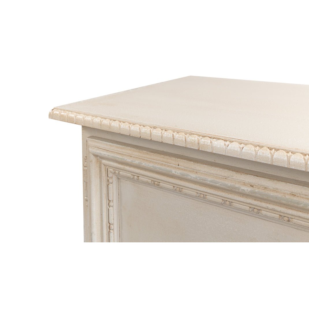 French Provincial side cabinet, detail of corner edge.