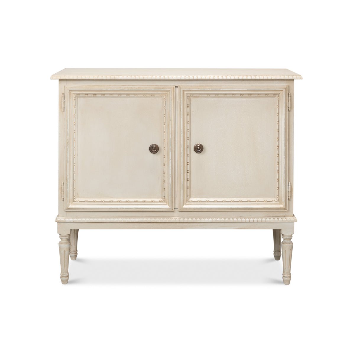 French Provincial side cabinet, front view, closed doors.