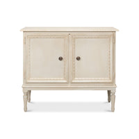 French Provincial side cabinet, front view, closed doors.