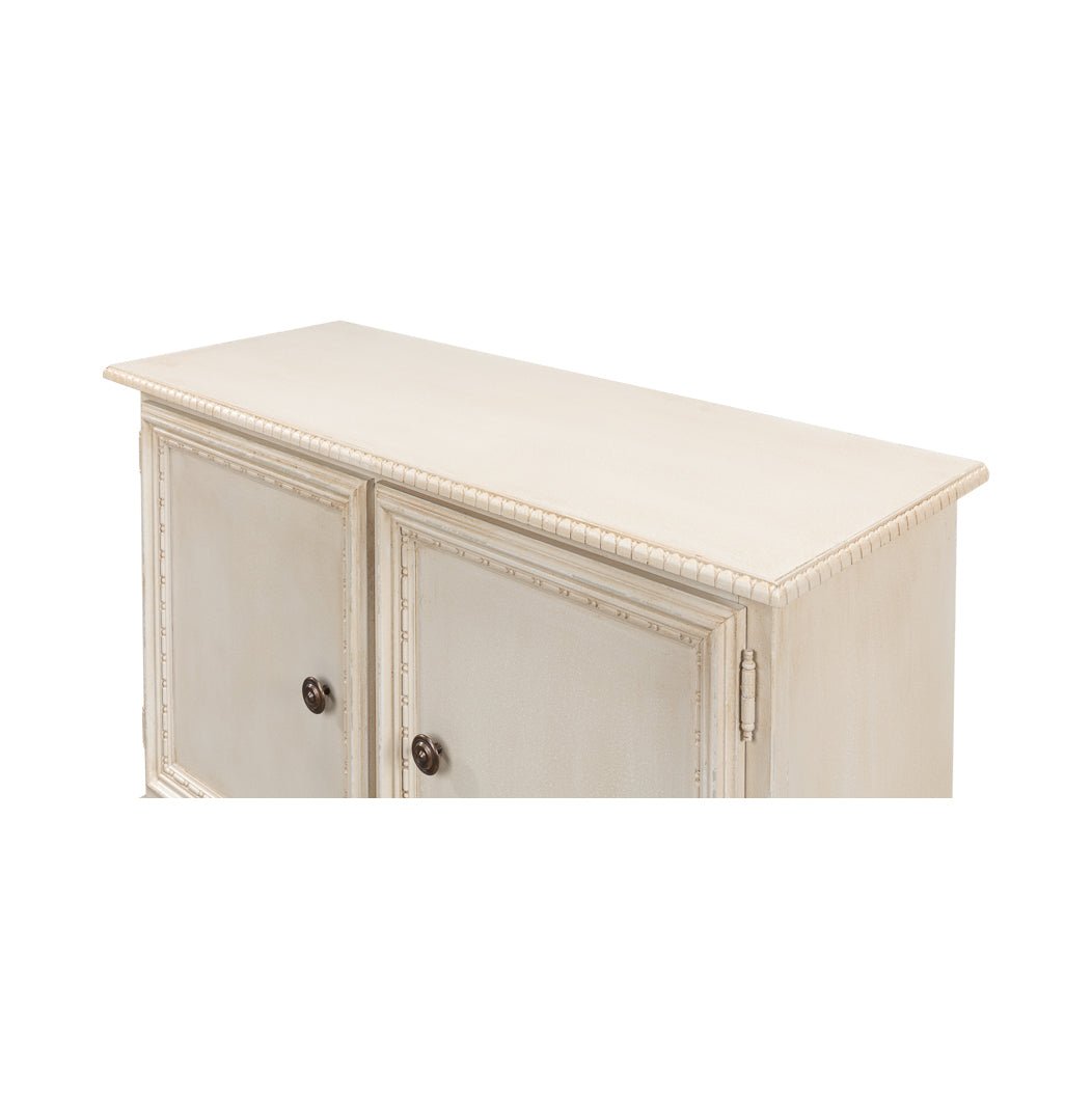 French Provincial side cabinet, top view, closed doors.
