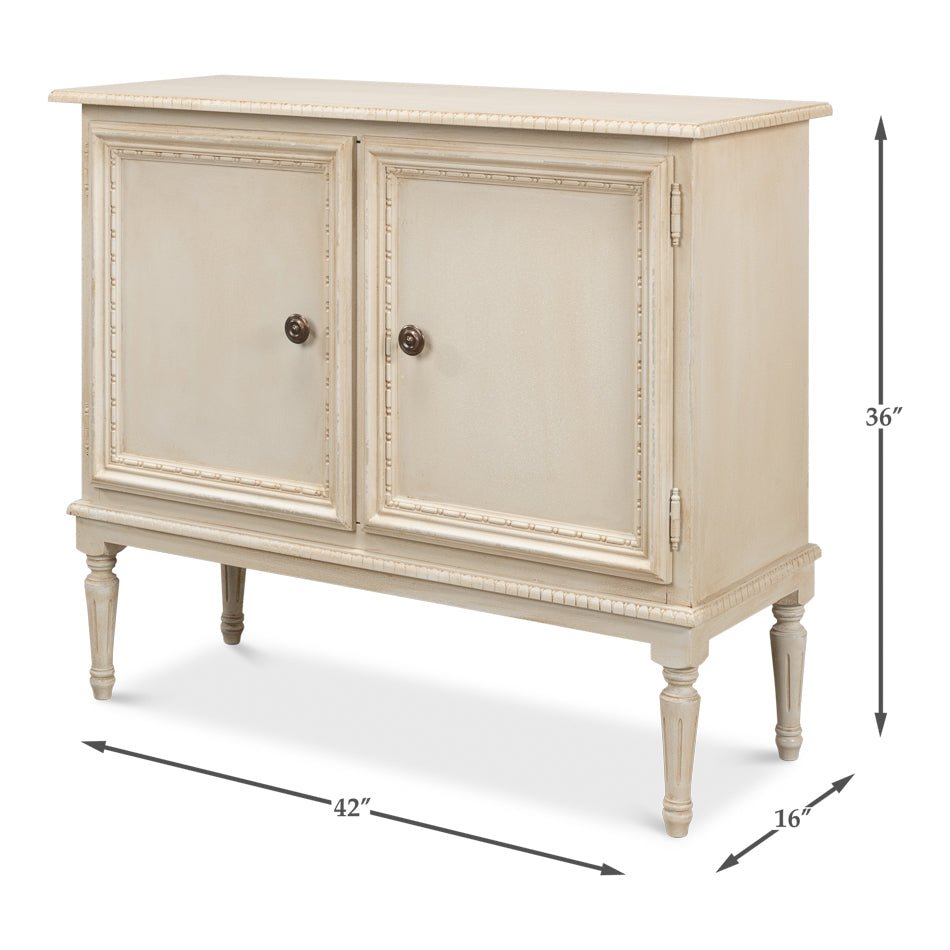French Provincial side cabinet dimensions, angled view.