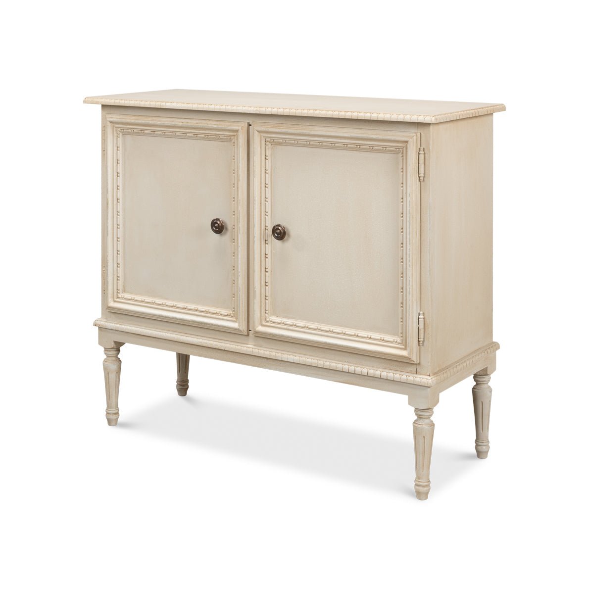 French Provincial side cabinet, angled view, closed doors.