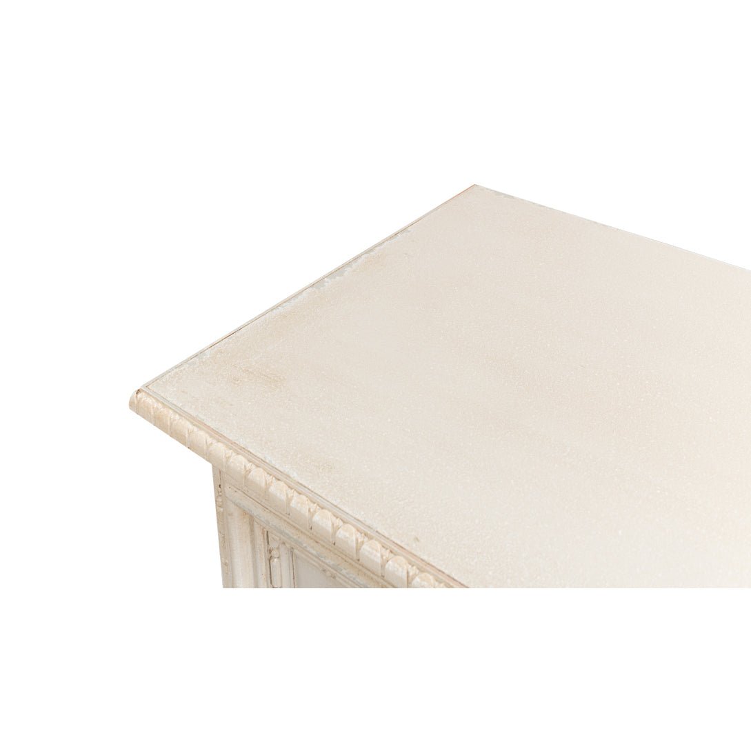 French Provincial side cabinet, close-up of top surface.