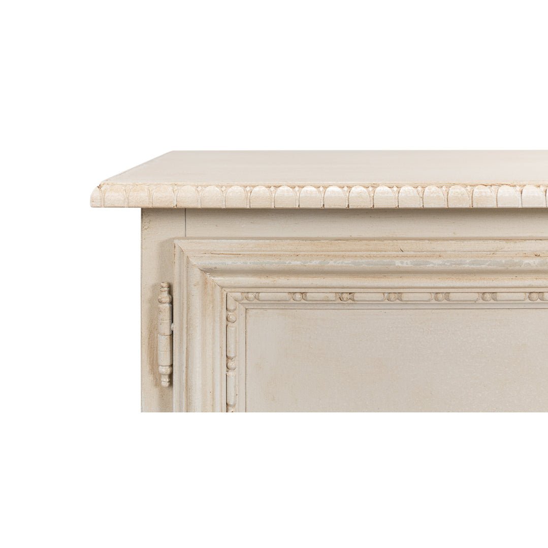 French Provincial side cabinet, detailed top corner view.
