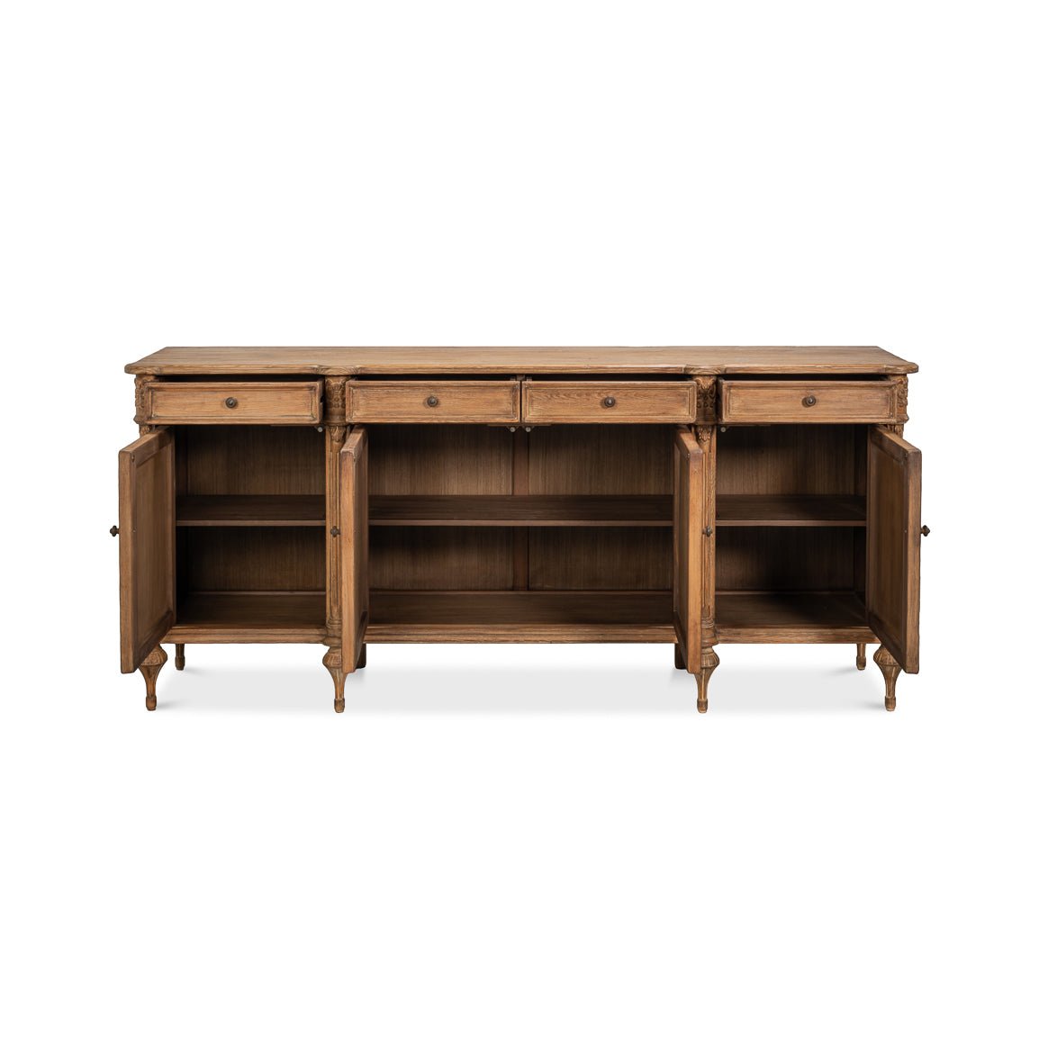 Open French Provincial sideboard, showing interior shelves.