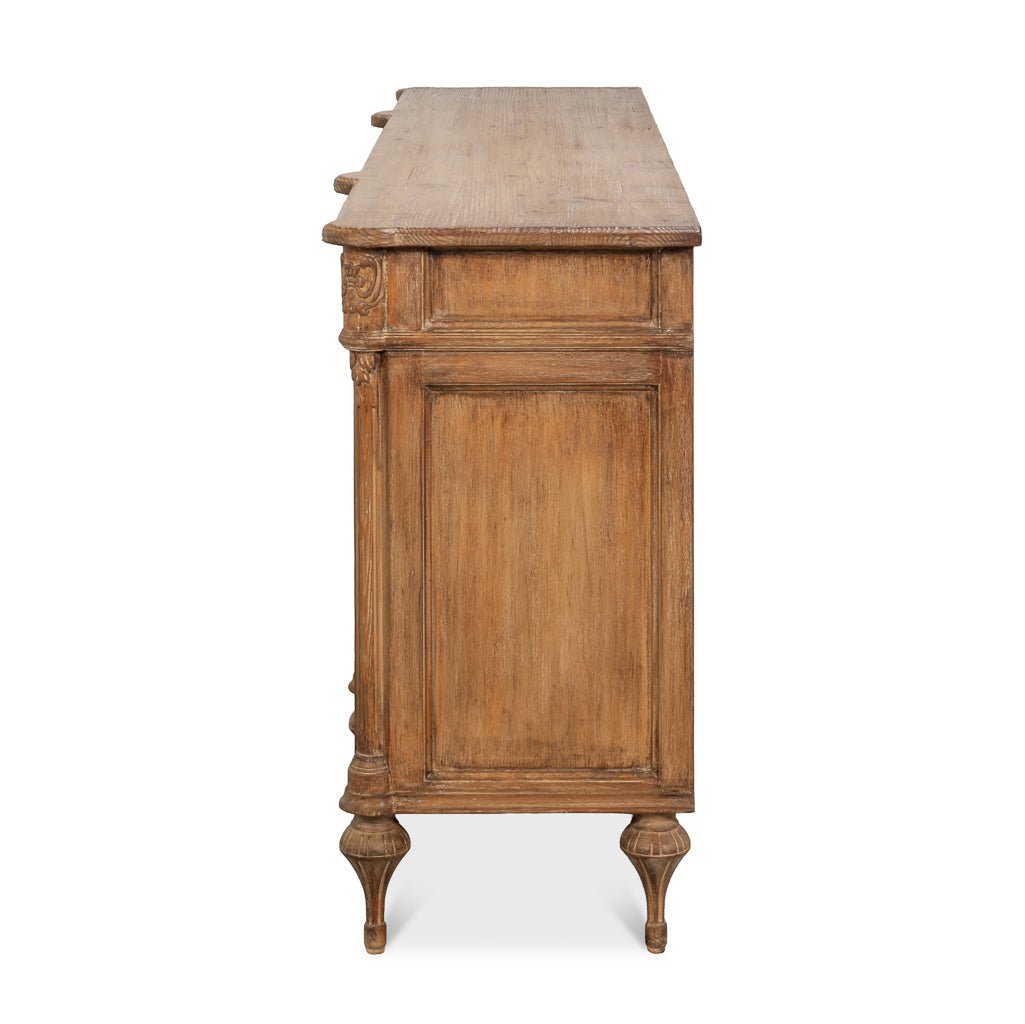 Side view of French Provincial pine sideboard.