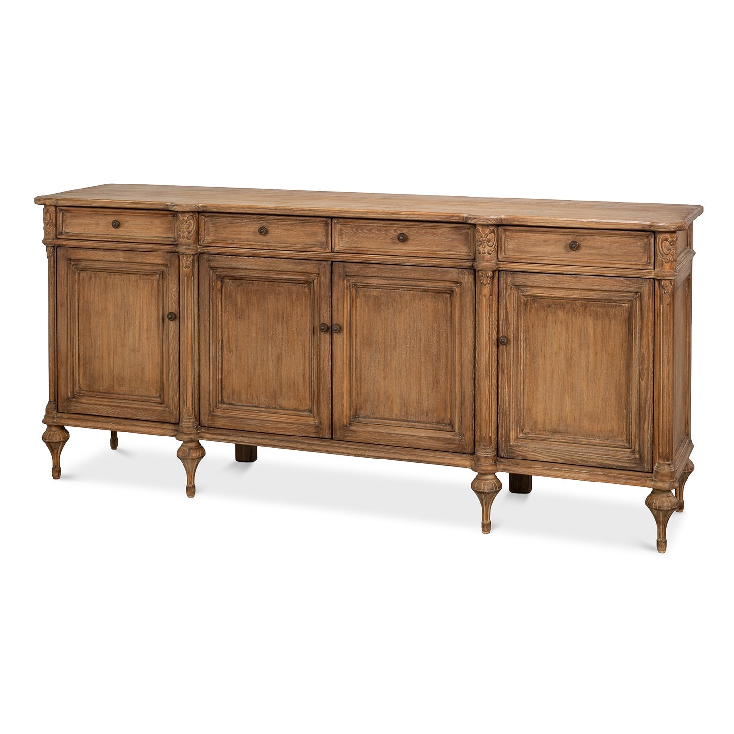 French Provincial pine buffet sideboard, front angle view.