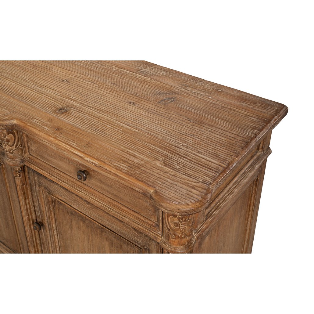 Close-up of sideboard top wood texture detail.
