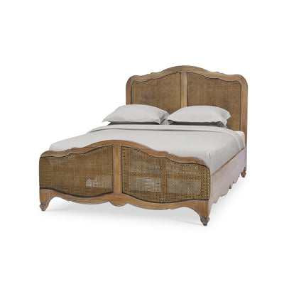 French provincial queen bed, angled view, straw wash finish.