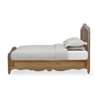 Side view of French provincial queen bed, straw finish.