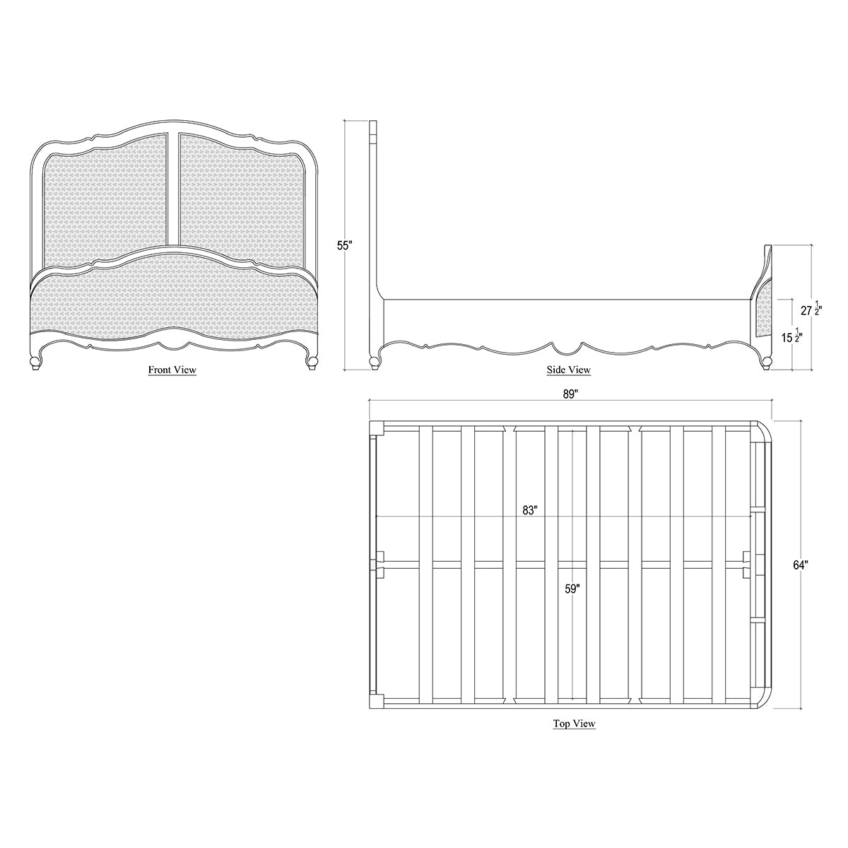 Diagram of French provincial queen bed with dimensions.