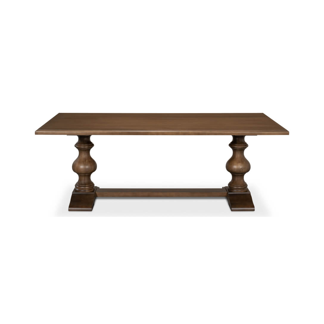 Front view of wooden refectory dining table.