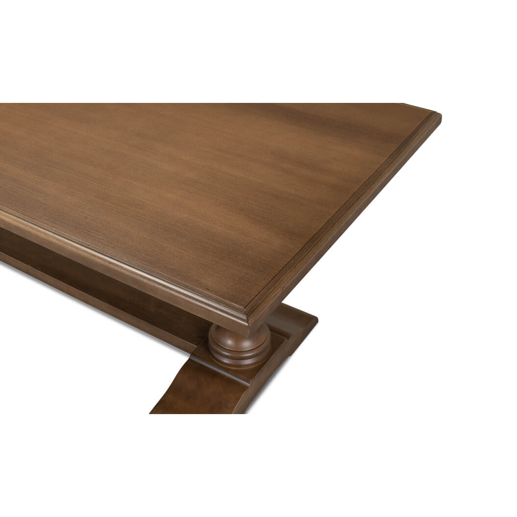 Top corner detail of wooden dining table.