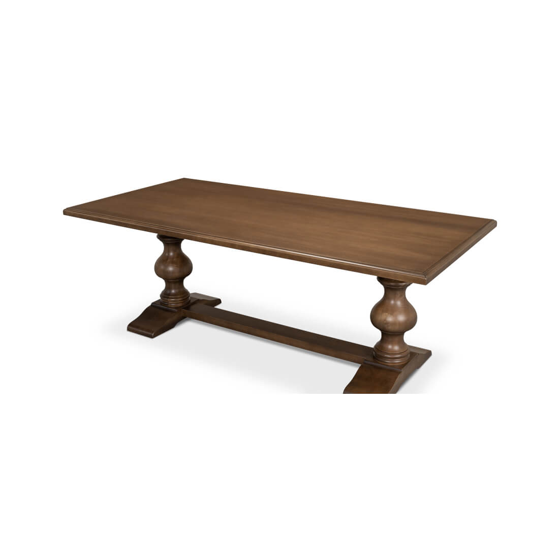 Side angle of wooden dining table, turned legs.