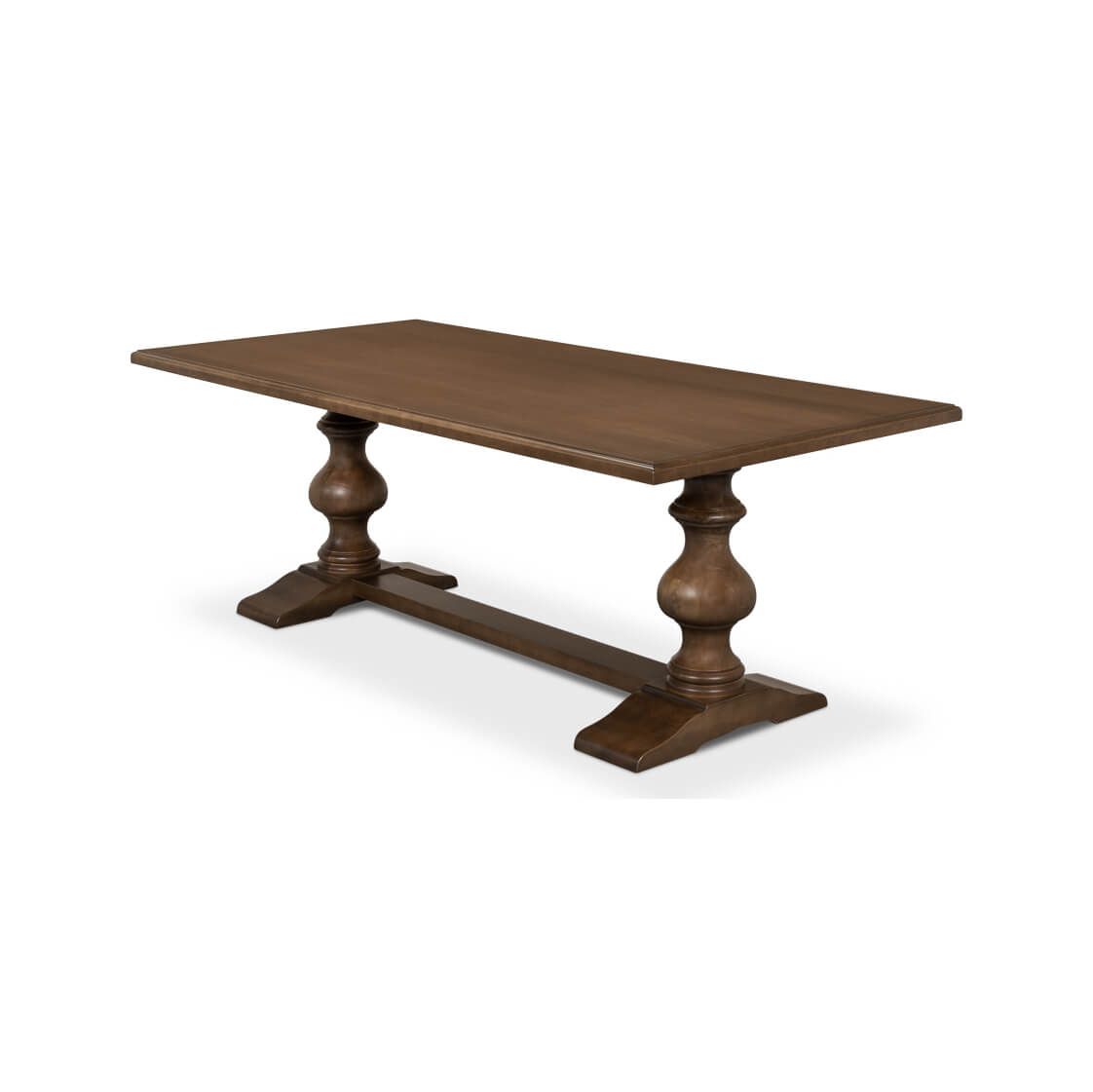 Angle view of wooden table with pedestal base.