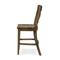 Rustic counter stool, side view, curved back support