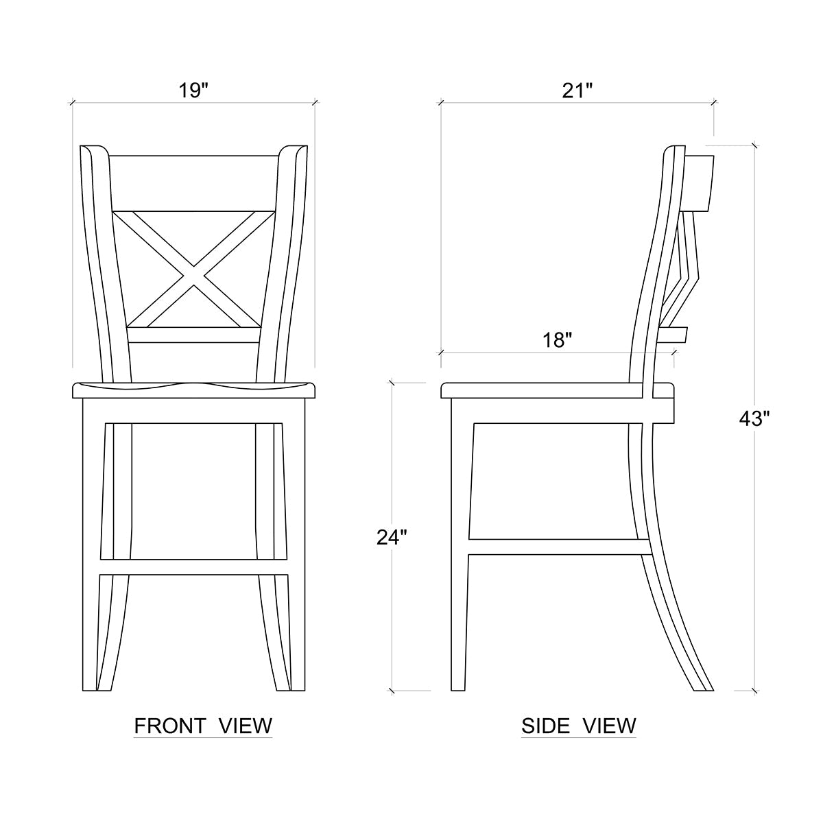 Rustic counter stool, front and side view dimensions illustration