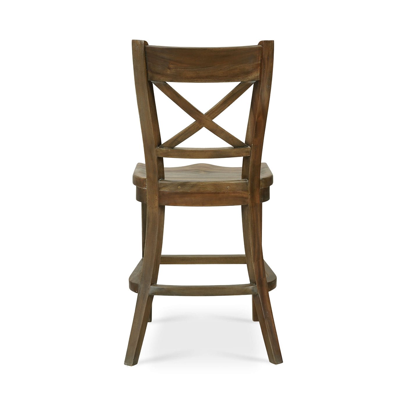 Rustic counter stool, rear view, detailed cross-back