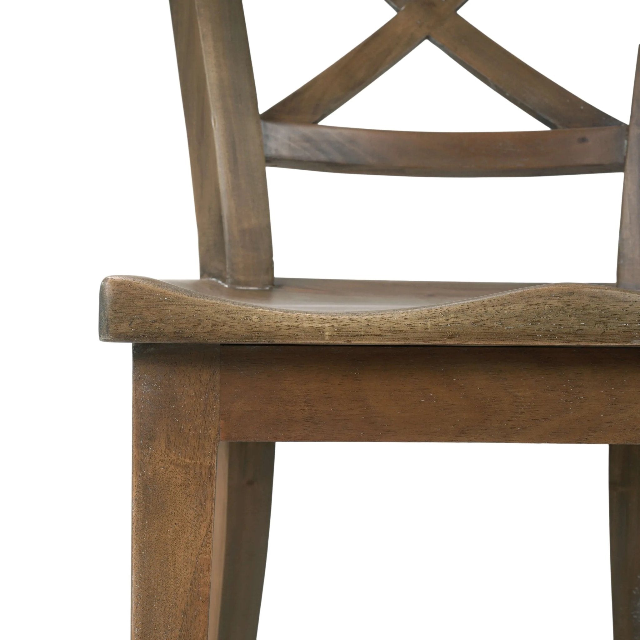 Close-up of rustic dining chair seat and support.