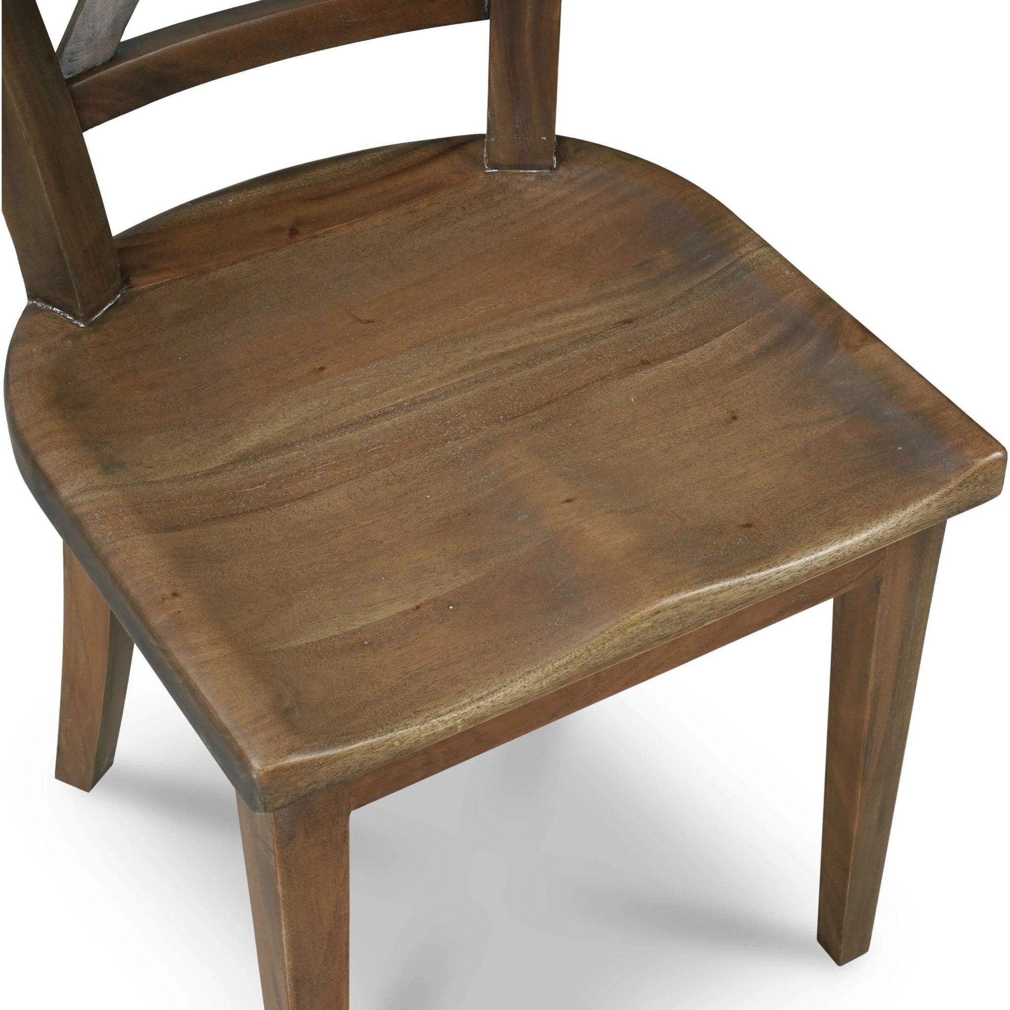 Rustic dining chair angled top view of wooden seat.