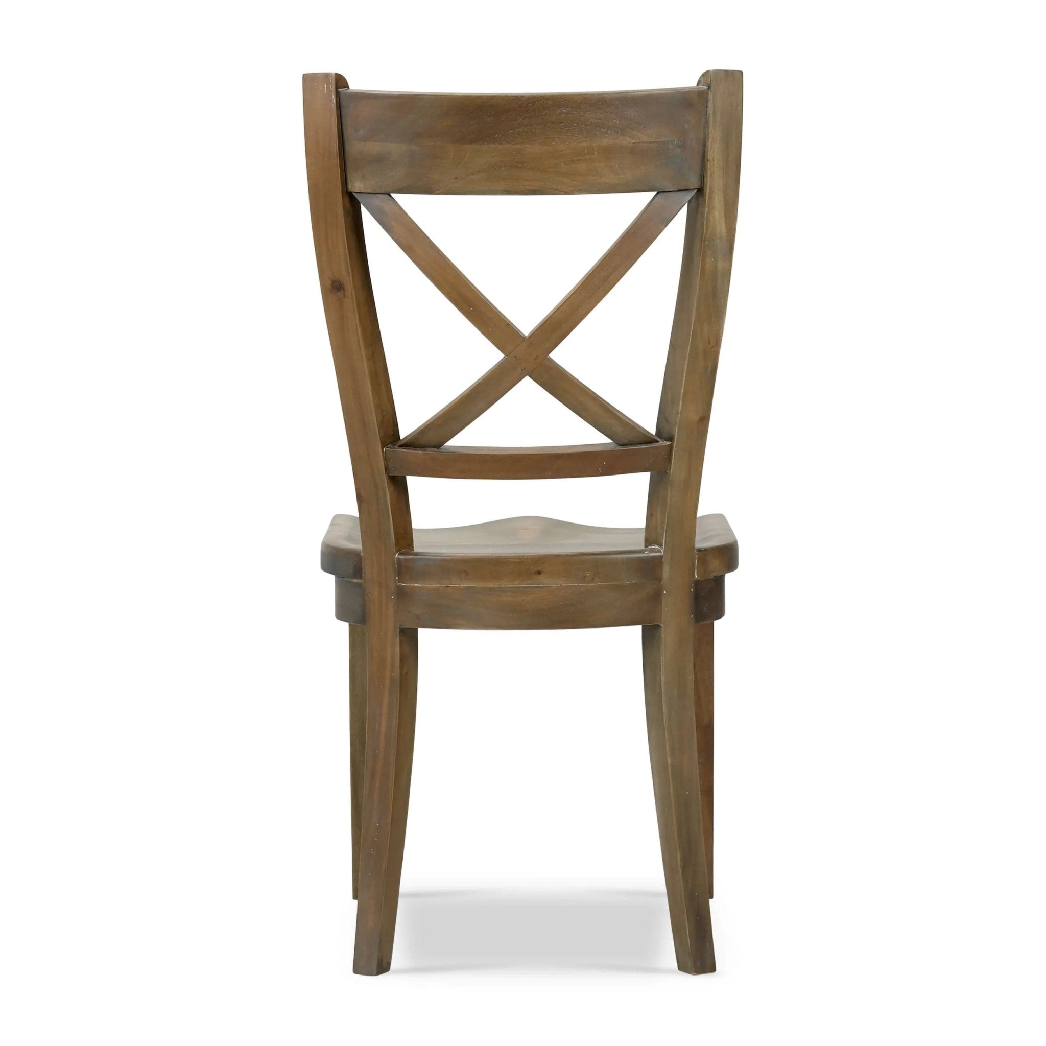 Rustic dining chair back view with X-back detail.