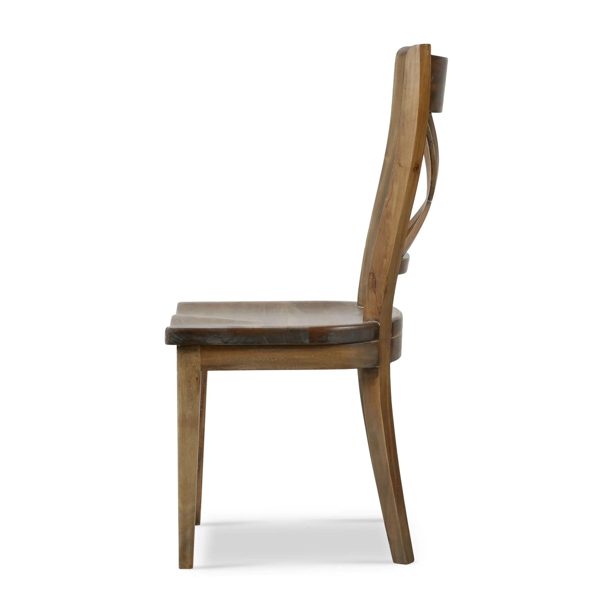 Rustic dining chair side profile showcasing seat shape.